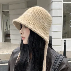 Women's knitted bucket hat with ties autumn winter casual warm wide brim basin hat