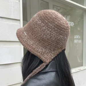 Knitted bucket hat for women winter warm brown tied knit basin hat Korean style casual cap
