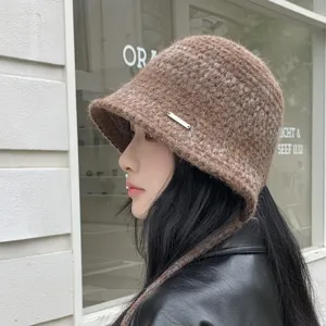 Stylish knit bucket hat for women autumn winter warm wide brim brown knitted basin hat