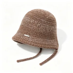 Brown knitted bucket hat with chin straps, warm winter fleece basin hat for women.