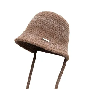 Brown knitted bucket hat with chin straps, warm winter woolen basin hat for women.