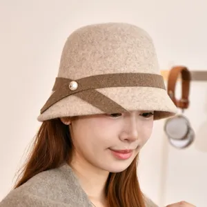 Stylish autumn winter wool bucket hat with brown ribbon pearl decor elegant warm.