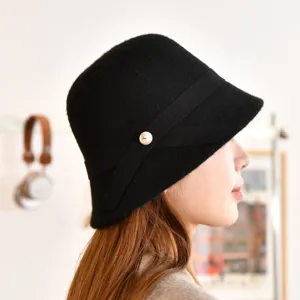 Autumn winter vintage wool bucket hat for women elegant black cloche hat with ribbon and pearl.