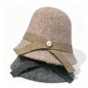 Women autumn winter retro wool warm cloche hat bucket hat with elegant ribbon detail.