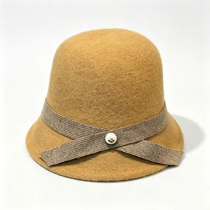 Women autumn winter vintage wool bucket hat elegant warm cloche hat with ribbon pearl.