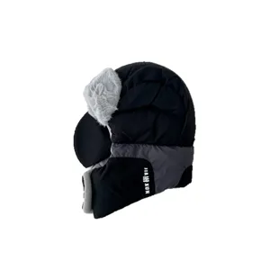 Winter thermal bomber hat with plush earflaps, windproof black and grey ski cap for cold weather