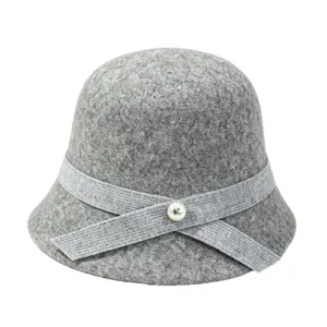 Grey wool felt bucket hat with elegant pearl bow, autumn and winter warm fashion basin hat for women