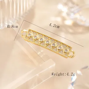 Gold plated brass DIY jewelry connector pendant with sparkling cubic zirconia, size 4.2x0.8cm.