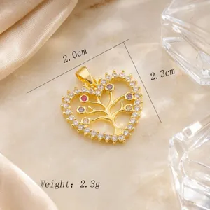 Gold plated heart tree pendant detail view, crystal cubic zirconia, size 2.0x2.3cm, 2.3g weight.