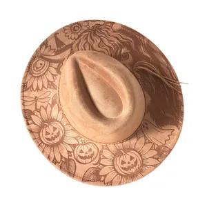 Lasergeschnittener Vintage Kürbis Muster Halloween Fedora Hut, breite Wildleder Cowboy Mütze