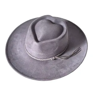 Grey suede wide brim western cowboy hat featuring a unique heart crown and stylish tassel band.