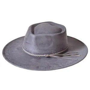 Suede western cowboy hat with tassel fringe, vintage teardrop crown fedora for outdoor party.