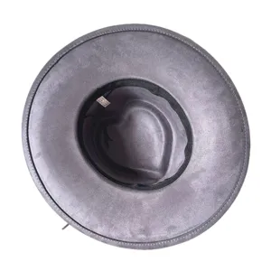 Grey faux suede wide-brim western cowboy hat, vintage heart top fedora detail view.