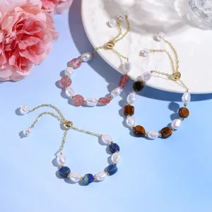 Natural stone pearl beaded adjustable bracelet set, elegant fashion jewelry accessory.
