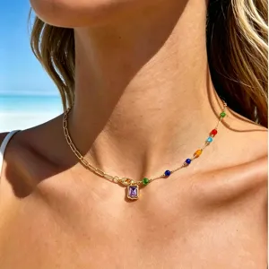 Dopamine Multicolor Rhinestone Necklace Light Luxury Gold Plated Alloy Pendant Clavicle Chain For Women Fashion Jewelry Gift
