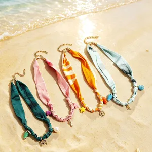 Resort style fabric scarf necklace with shell seahorse pendant beach fashion jewelry