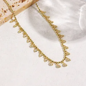 Gold bead chain necklace with sparkling zircon crystal pendants, delicate clavicle jewelry.