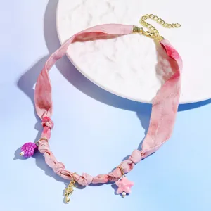 Pink fabric scarf necklace with seashell seahorse starfish charms for women beach resort style.