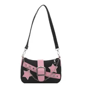 Black pink Y2K shoulder bag with star decor, stylish PU leather handbag for women daily wear.