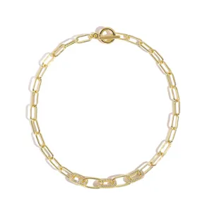 Elegant gold paperclip chain necklace with toggle clasp and dazzling zircon links.