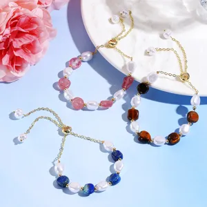 Natural stone and freshwater pearl adjustable beaded slider bracelet set for stylish daily wear.