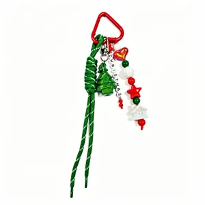 Christmas themed braided keychain and bag charm pendant with colorful beads and metal hook