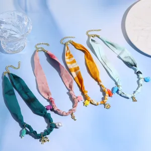 Chic resort style fabric scarf necklace with cute ocean charms for summer daily wear