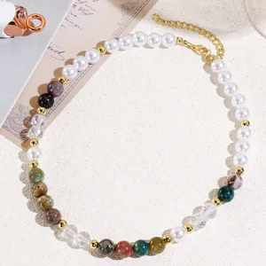 Vintage colorful beaded clavicle necklace with pearls and crystals for women detail view.