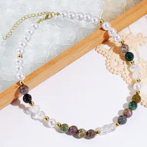 Vintage colorful beaded necklace detail view, faux pearl and crystal gemstone choker.