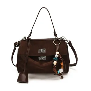 Brown suede women top handle shoulder bag vintage style messenger bag with beaded charm