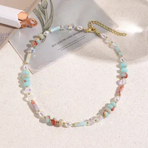 Vintage beaded choker necklace with turquoise and pearls, trendy double layer clavicle chain for women.