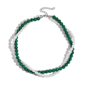 Double layered malachite and pearl choker necklace for women vintage chic statement gift.