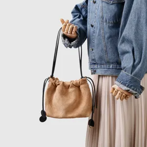 Sac Seau Cordon Cuir Velours Matelassé Femme Marron Classique Sac Bandoulière Épaule