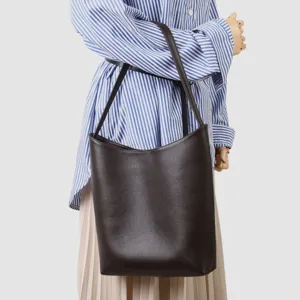 Borsa secchiello in vera pelle da donna, grande capacità borsa a tracolla minimalista, marrone.