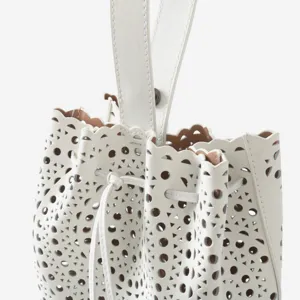 Sac seau en cuir blanc découpé au laser, petit sac à main élégant pour femme au quotidien.