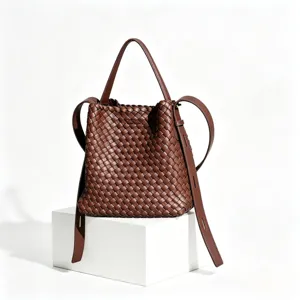 Sac seau tressé en cuir marron élégant polyvalent sac bandoulière fourre-tout tendance