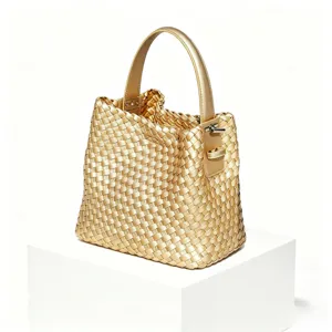 Sac seau tressé doré élégant sac cabas métallique bandoulière mode tendance chic et