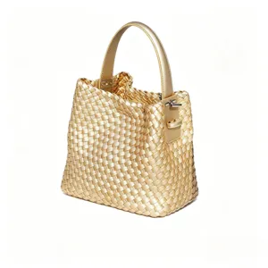 Sac seau tressé doré sac à main en cuir élégant sac à bandoulière mode pour les femmes