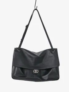 Sac à épaule en cuir noir pour femmes, grand cabas souple de travail avec fermoir en métal.