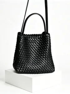 Sac seau en cuir tressé noir, sac à bandoulière chic, cabas de mode décontracté.
