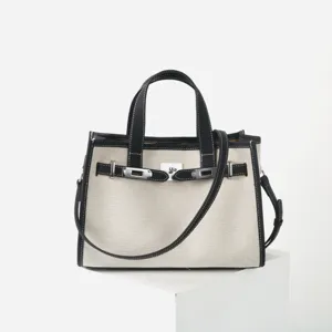Sac cabas en toile et cuir veritable pour femme sac a main de mode d ete chic