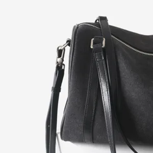 Vue rapprochée des ferrures de fermeture éclair et de la lanière du sac à main noir.