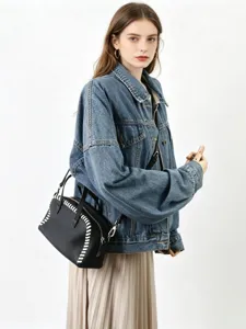 Chic sac à main Boston en cuir tissé contrasté pour femmes, élégant sac bandoulière.