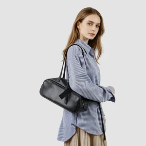 Bolso tipo bowling de cuero genuino negro bolso de hombro minimalista gran capacidad cartera
