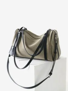Minimaliste Grande Capacité Cuir de Vachette Toile Sac Boston Femmes Rétro Décontracté Quotidien Épaule Bandoulière