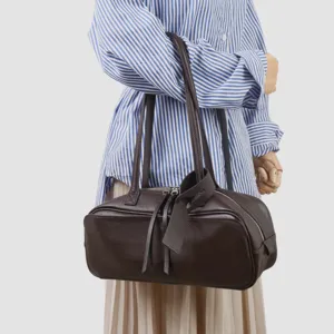 Bolso tipo bowling de cuero genuino gran capacidad bolso de hombro bajo el brazo para mujer