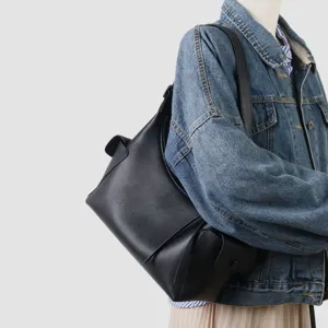 Elegante bolso de hombro de cuero genuino negro para mujer, gran bolso de mano casual.