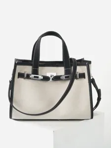 Sac cabas classique en toile et cuir contrasté pour femme, sac à main élégant pour l'été.