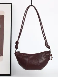 Sac bandoulière croissant en cuir véritable pour femme, sac dumpling simple avec nœud.