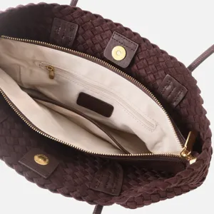 Sac cabas tressé en cuir véritable pour femme, élégant sac d'épaule avec poche zippée.